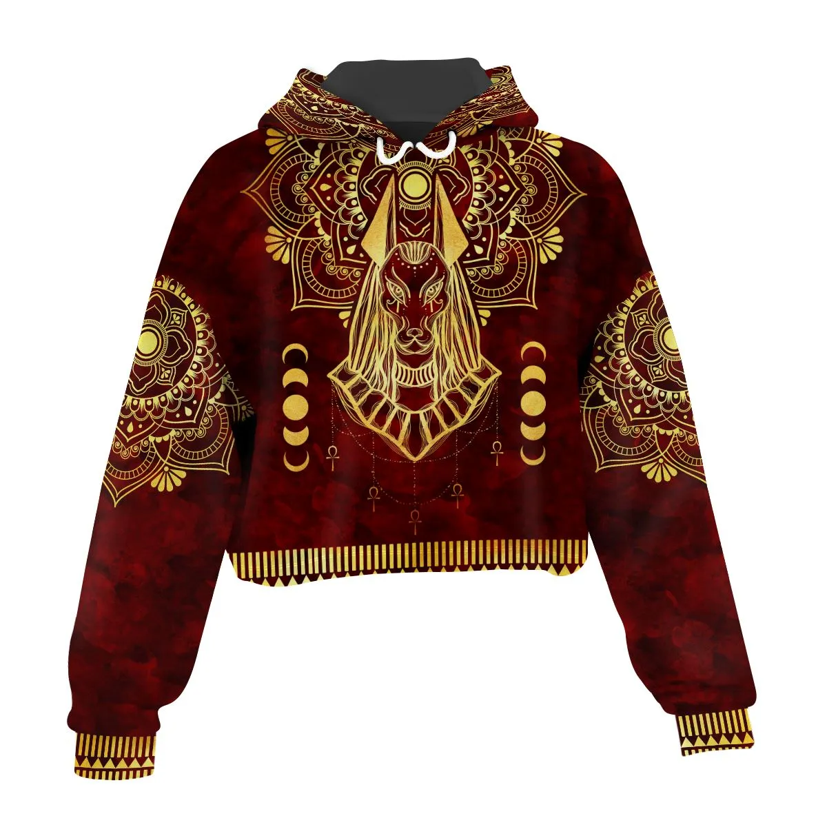 Anubis Pattern In Red Cropped Hoodie & Leggings Set