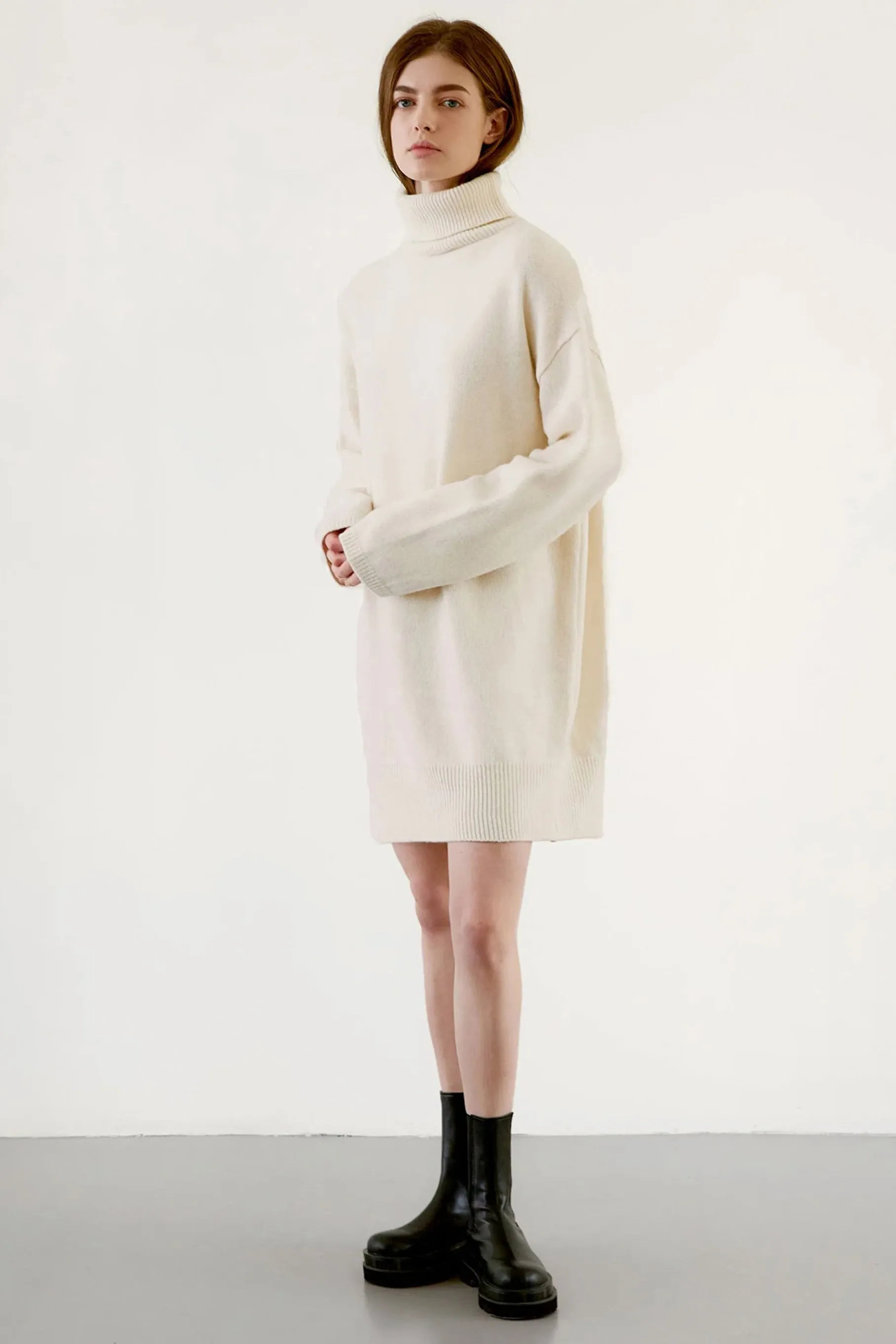 Cashmere Turtle Neck Sweater Dress in Ivory