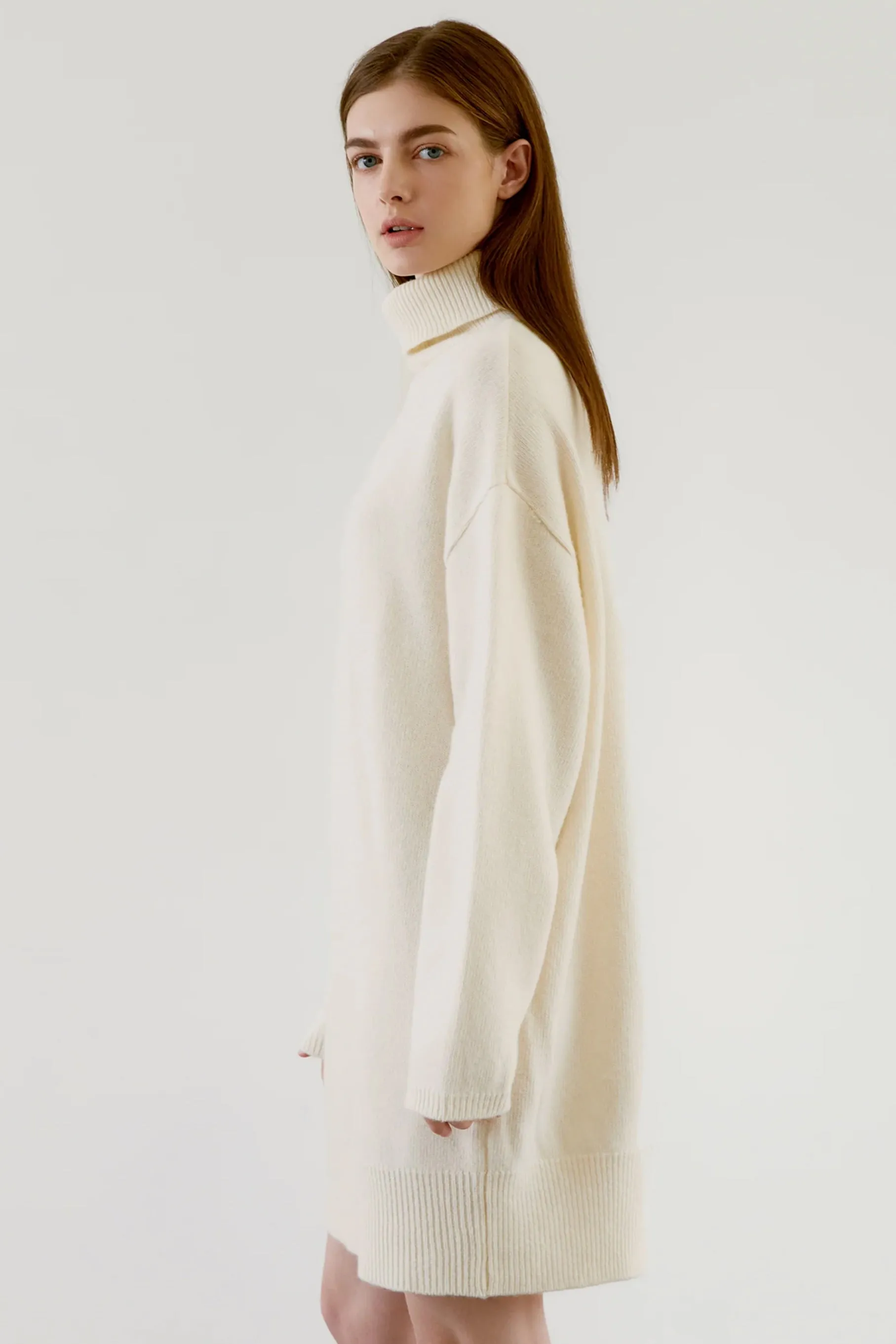 Cashmere Turtle Neck Sweater Dress in Ivory