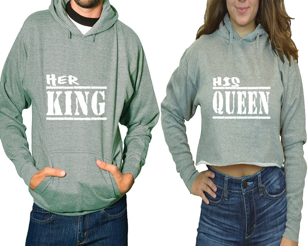 Her King His Queen Couple Matching Pullover Hoodie for Man, Crop Top Hoodie for Woman