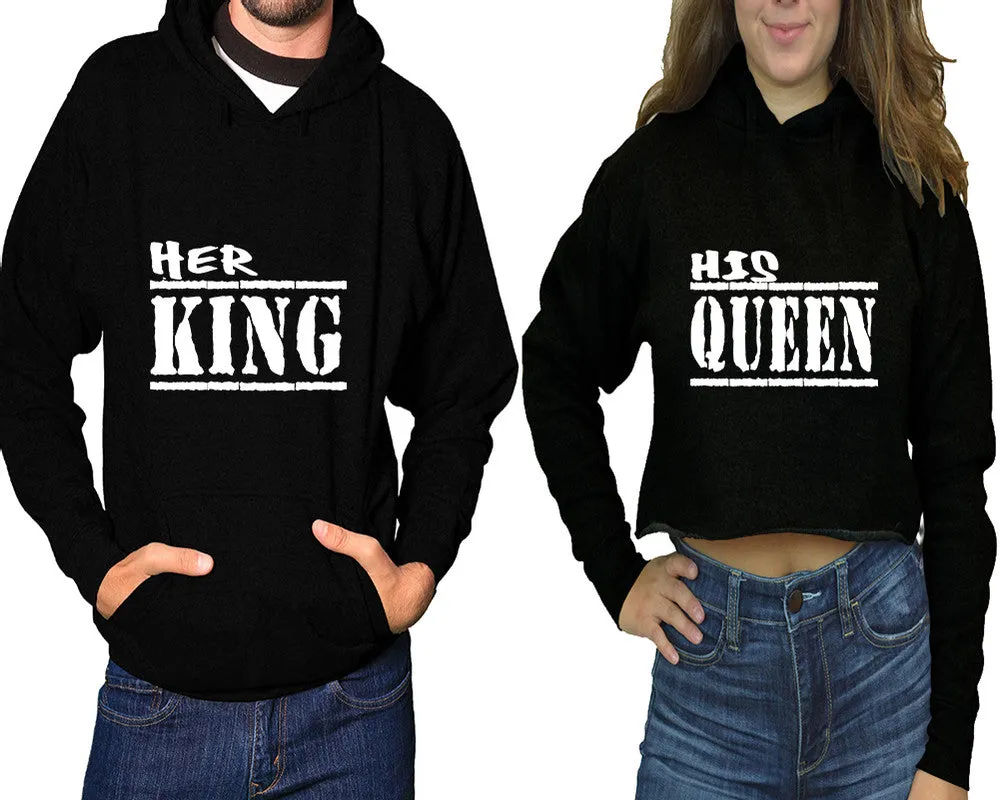 Her King His Queen Couple Matching Pullover Hoodie for Man, Crop Top Hoodie for Woman