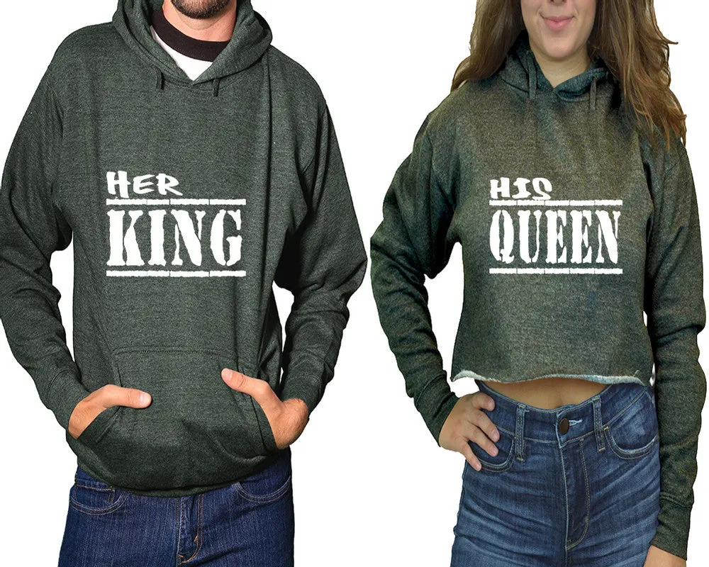 Her King His Queen Couple Matching Pullover Hoodie for Man, Crop Top Hoodie for Woman