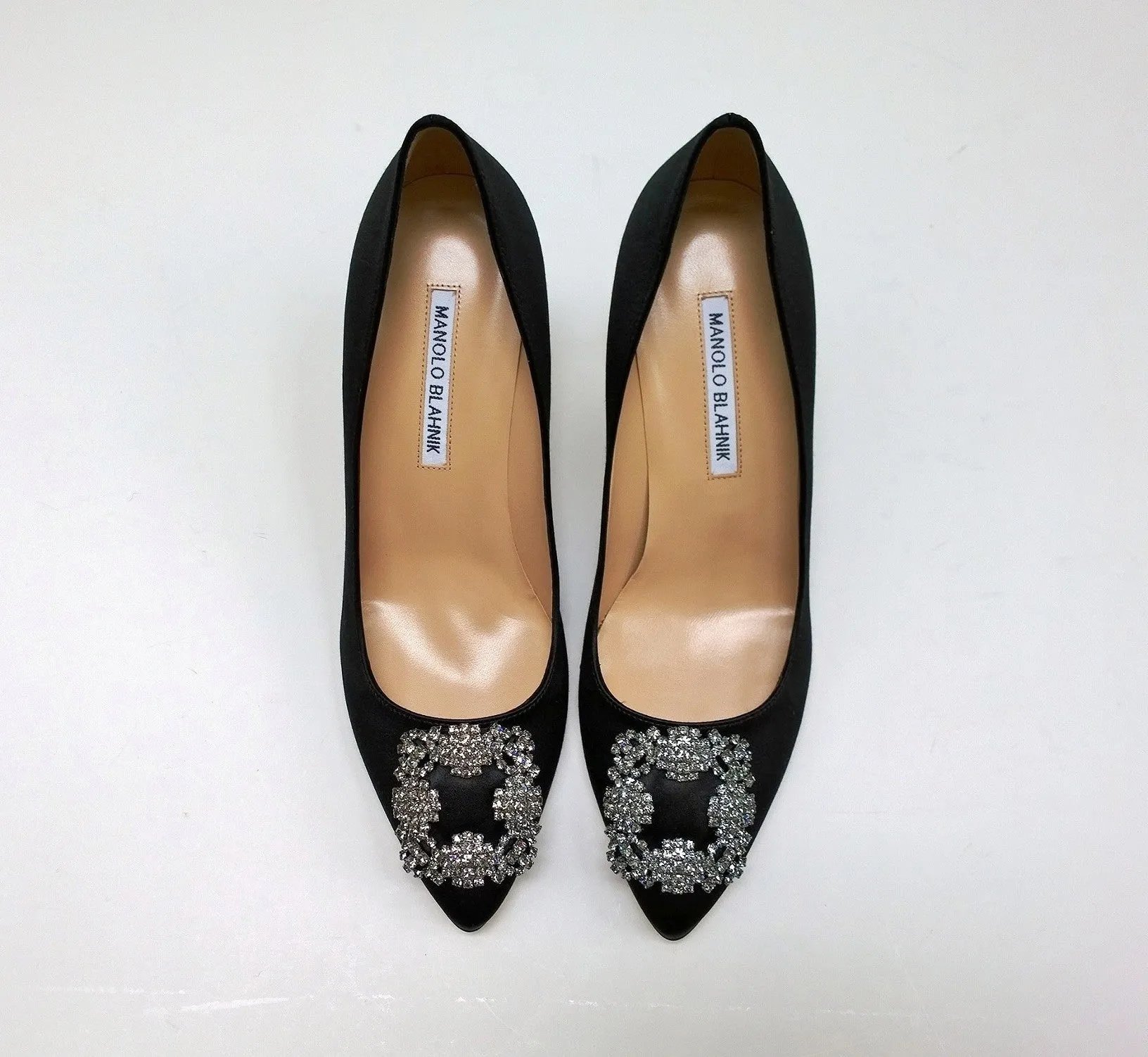 Manolo Blahnik Hangisi 70 Black Satin Rhinestone Buckle Strass Heels