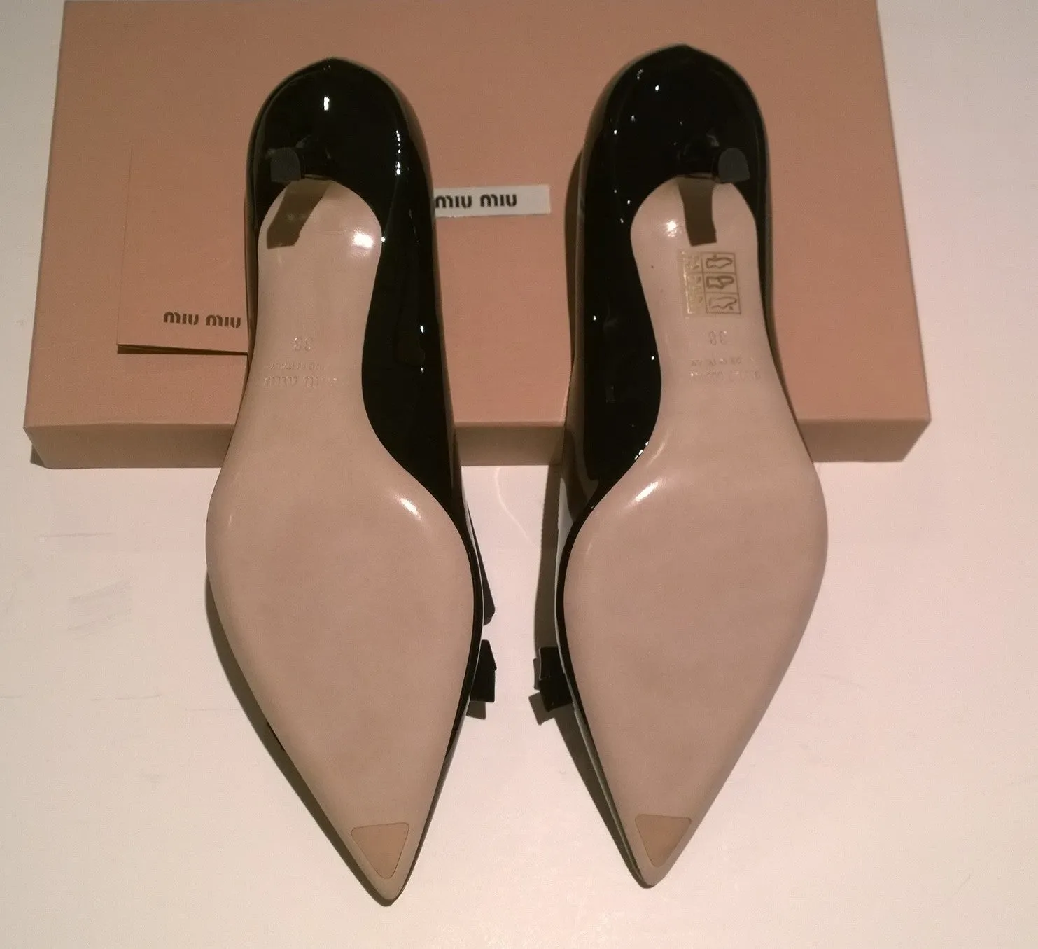 Miu Miu Black Patent Leather Logo Bow Heels 50