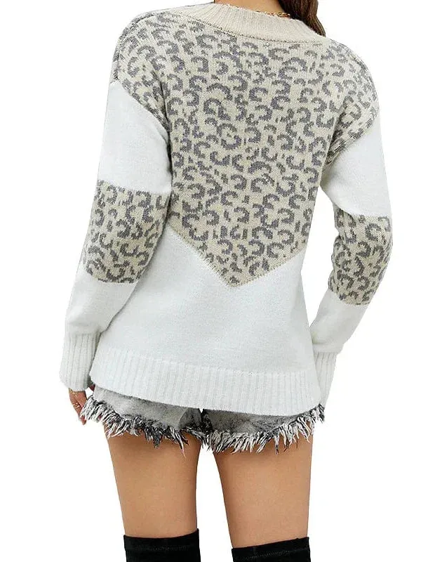 Patchwork Print V-Neck Pullover Sweater with Leopard Print