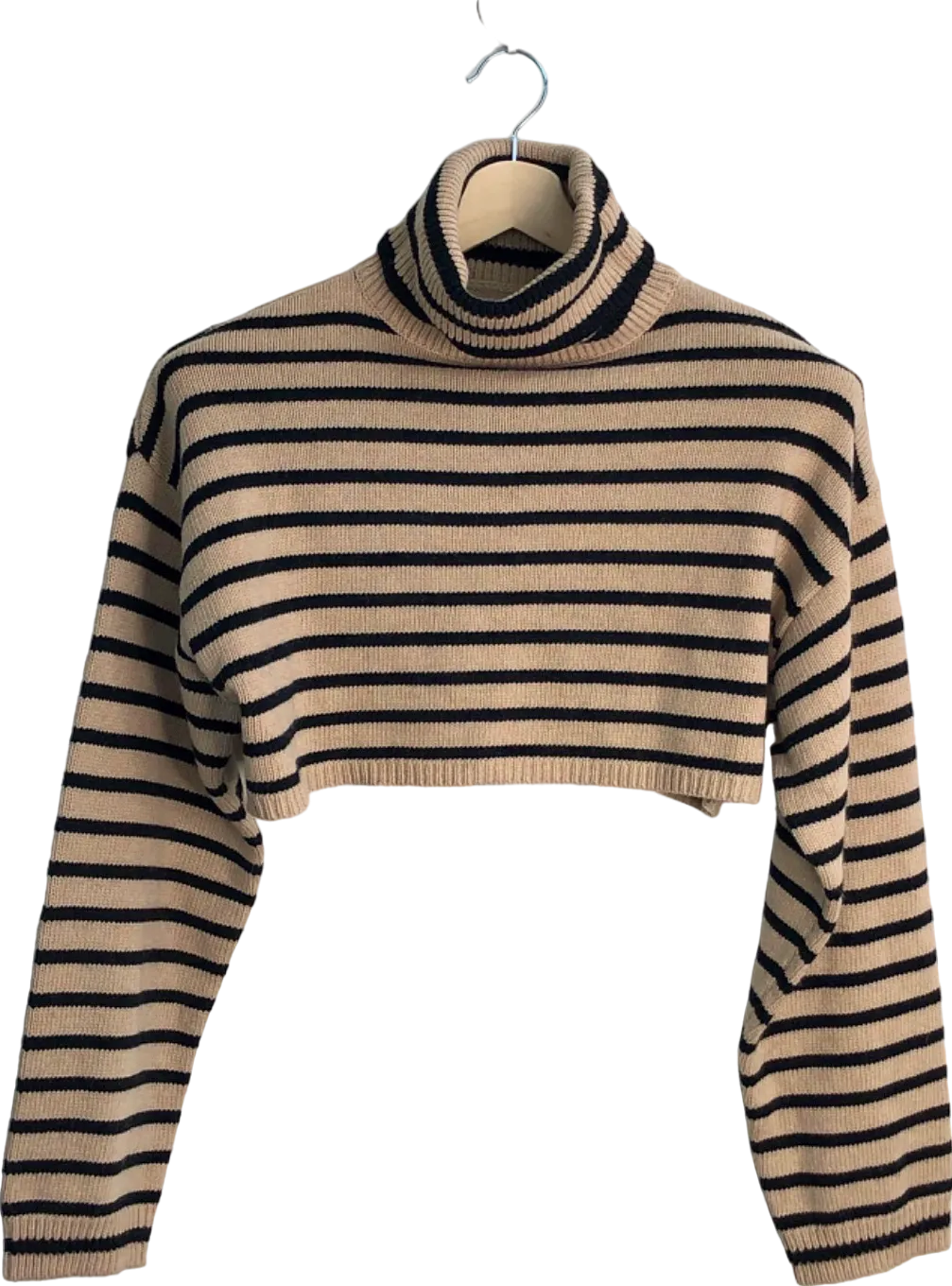 The Frankie Shop Beige and Black Striped Cropped Turtleneck Sweater UK XS