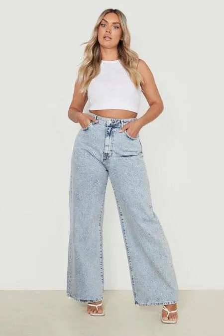 Vintage Wash Wide Leg High Waist Plus Size Jeans