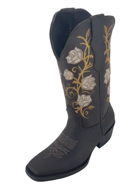 Women’s Brown with Brown and Golden Flowers Square Toe Rodeo Boot