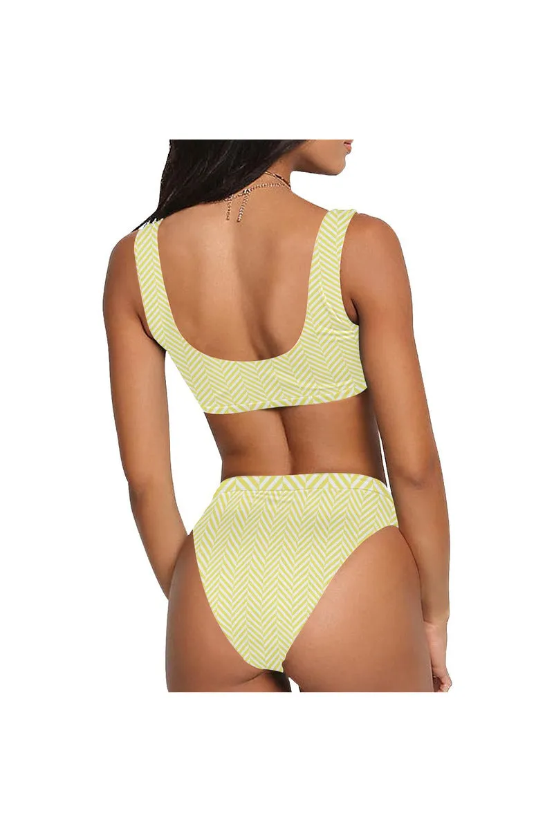 Yellow & White Herringbone Sport Top & High-Waisted Bikini Swimsuit (Model S07)